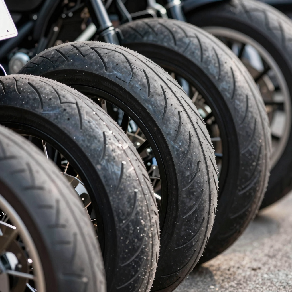 Close-up view of 100 90 19 motorcycle tires