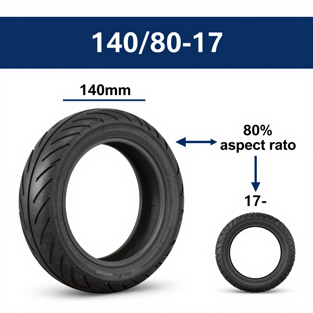 Diagram showing 140/80-17 tire dimensions with width, aspect ratio, and rim diameter callouts