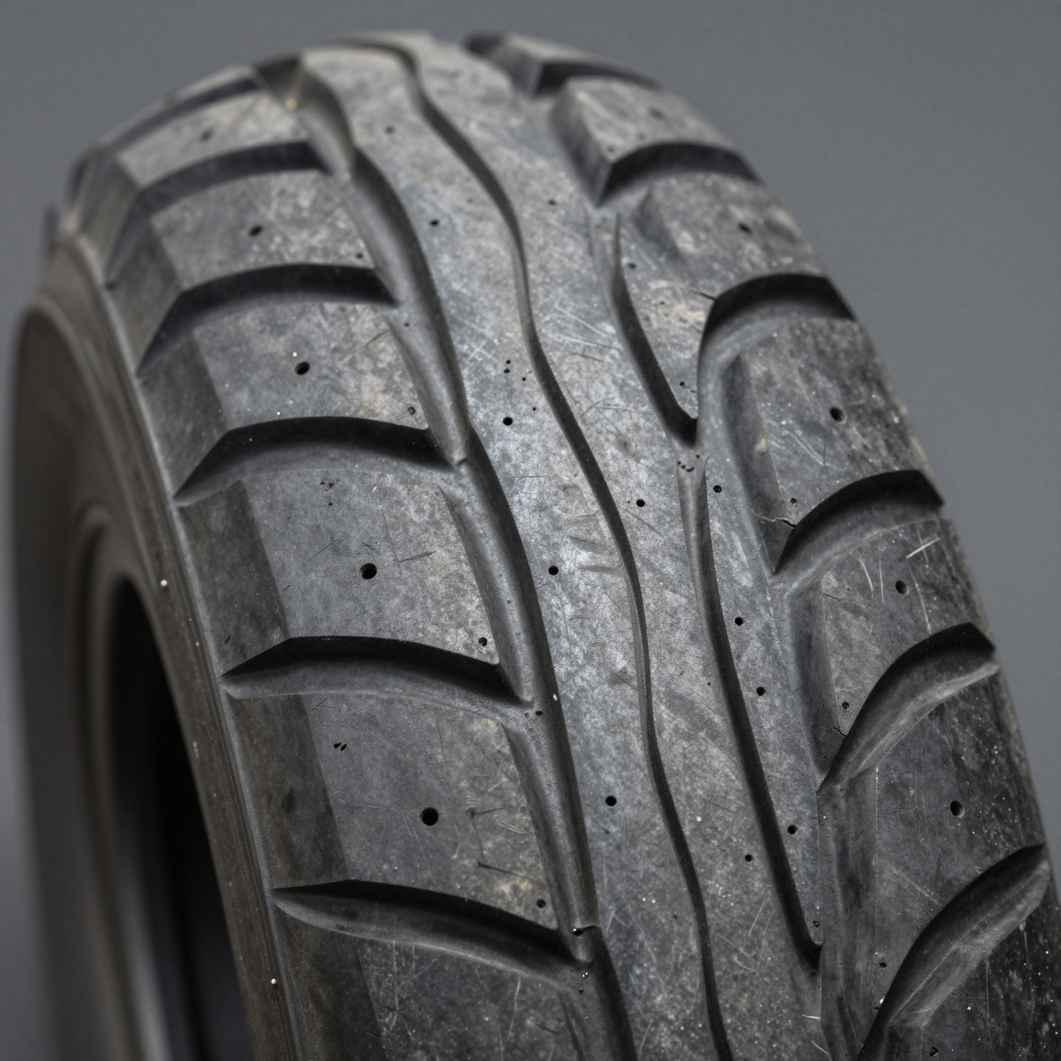 Close-up view of 140 80 17 rear tire tread pattern showing deep grooves for traction and durability.