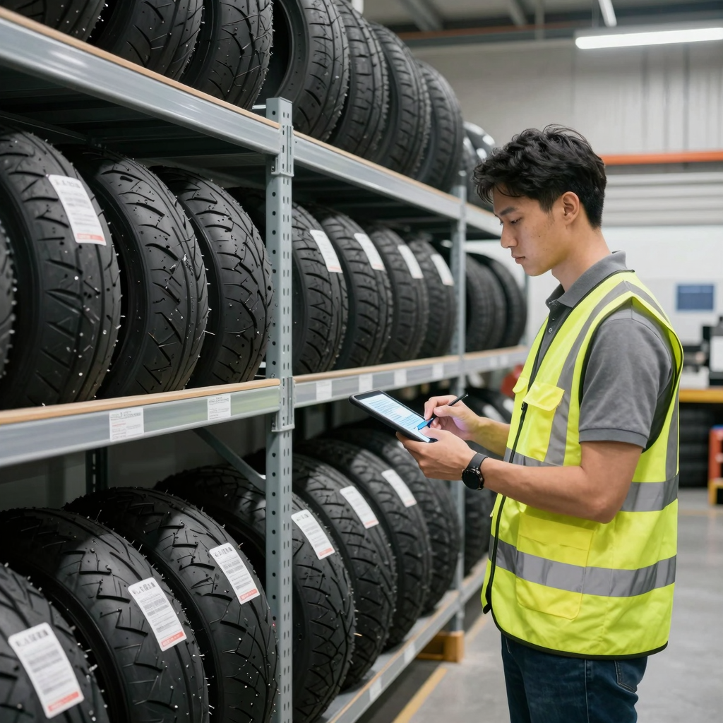 Warehouse manager scanning 140/80-17 rear tire inventory with a tablet in a clean, organized tire storage facility