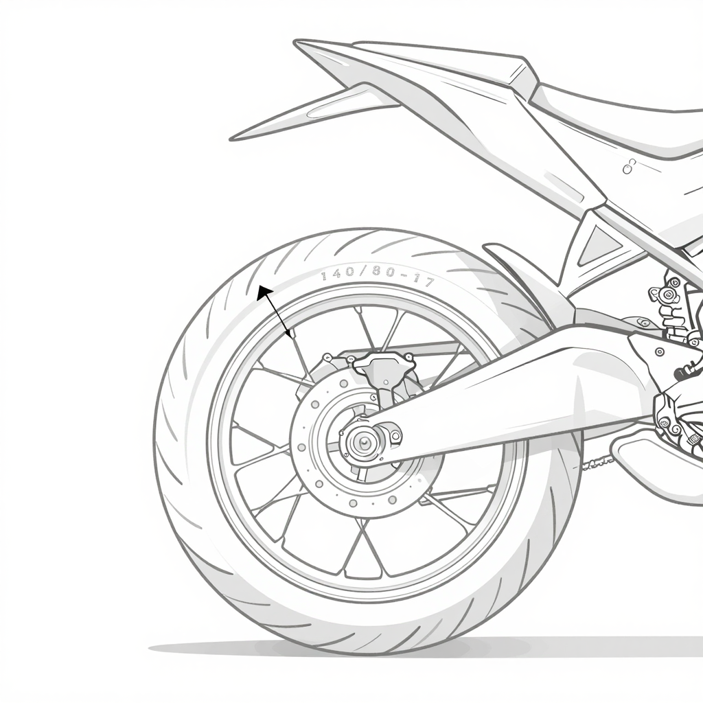 Illustration of motorcycle rear wheel showing the sidewall area where 140 80 17 tire size markings are located on the tire.