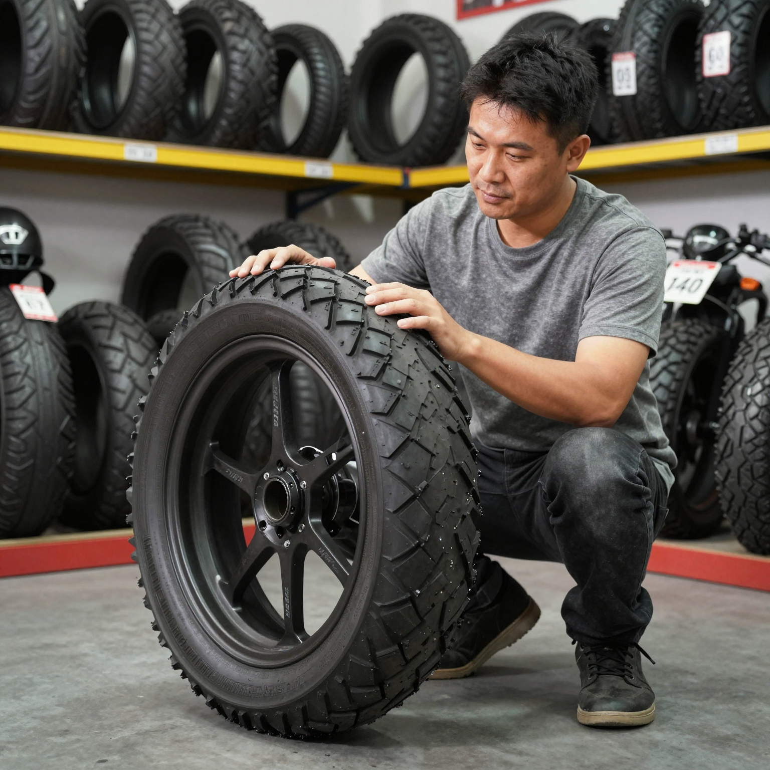 A motorcycle shop owner examining 150 80 17 motorcycle tires