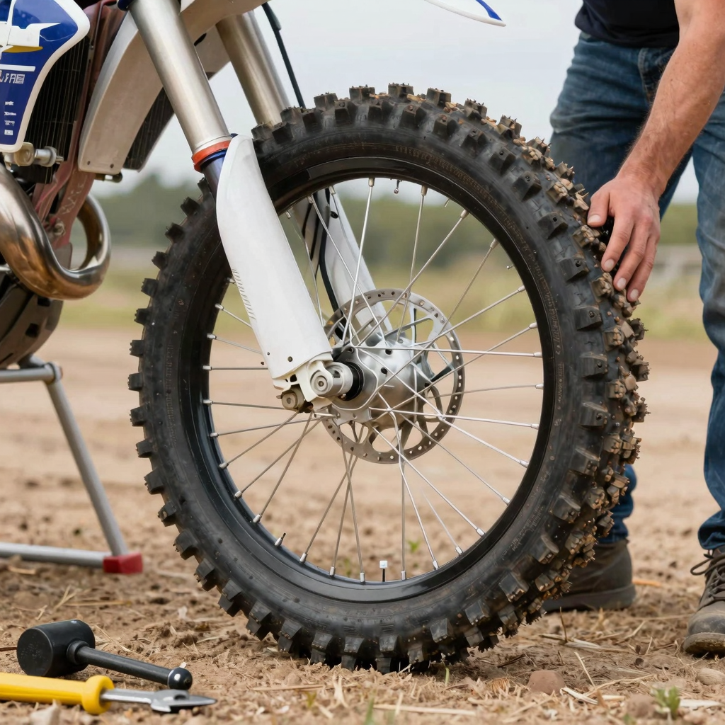 Business owner inspecting 2.50-16 dirt bike tire