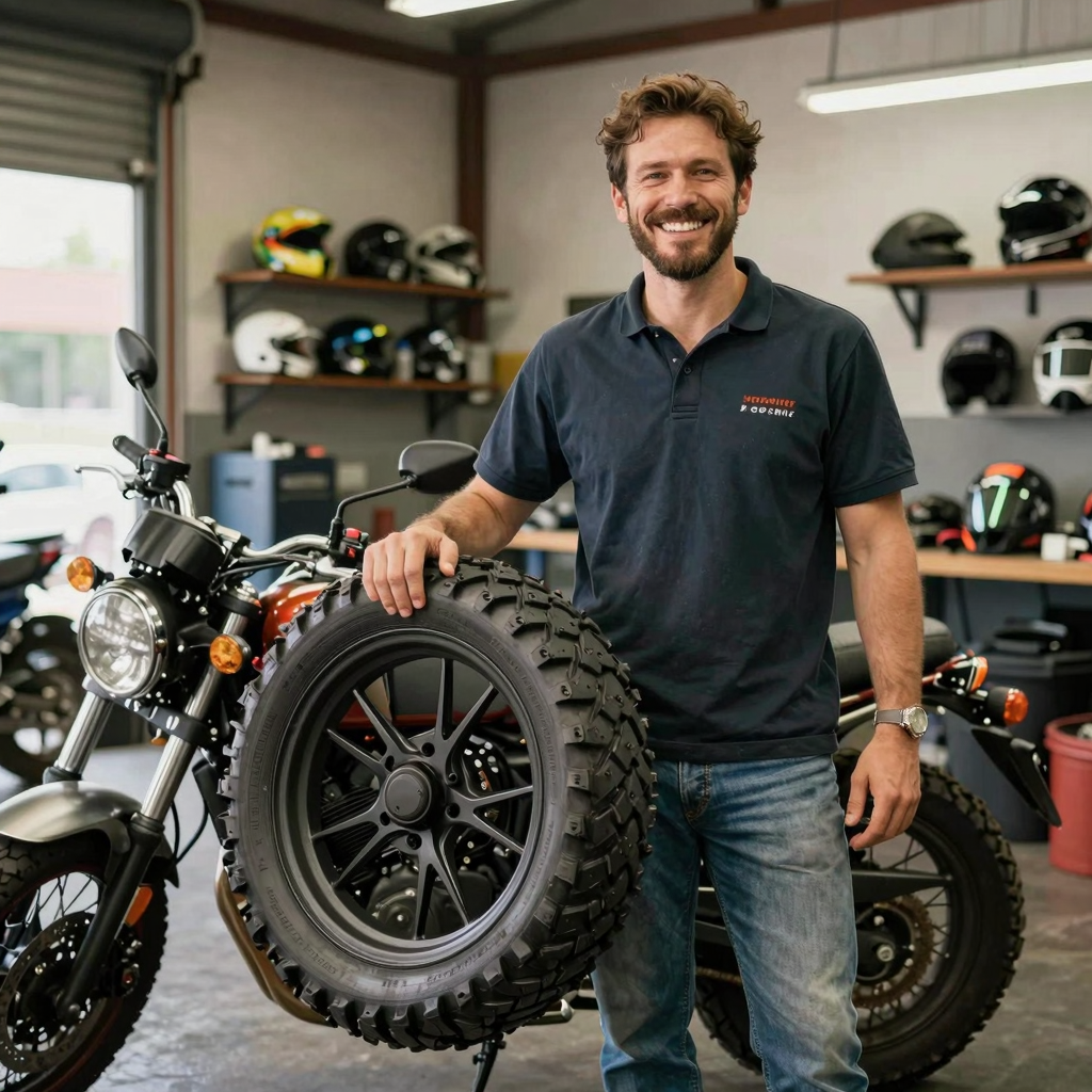 A satisfied business owner with a motorcycle and a 4.00-19 tire