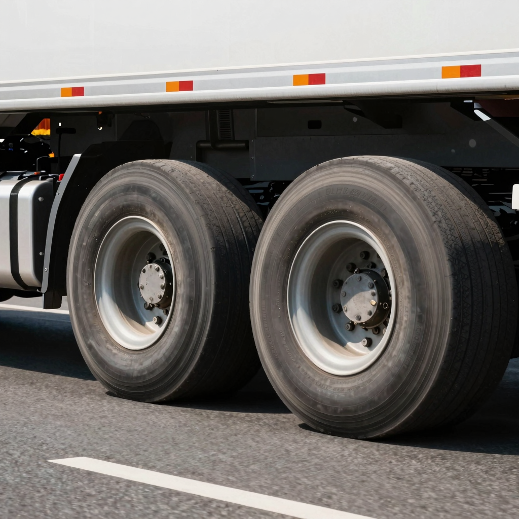 A dynamic image depicting a commercial truck fitted with tubeless tires on a highway, showcasing their advantages such as reduced maintenance and enhanced safety.
