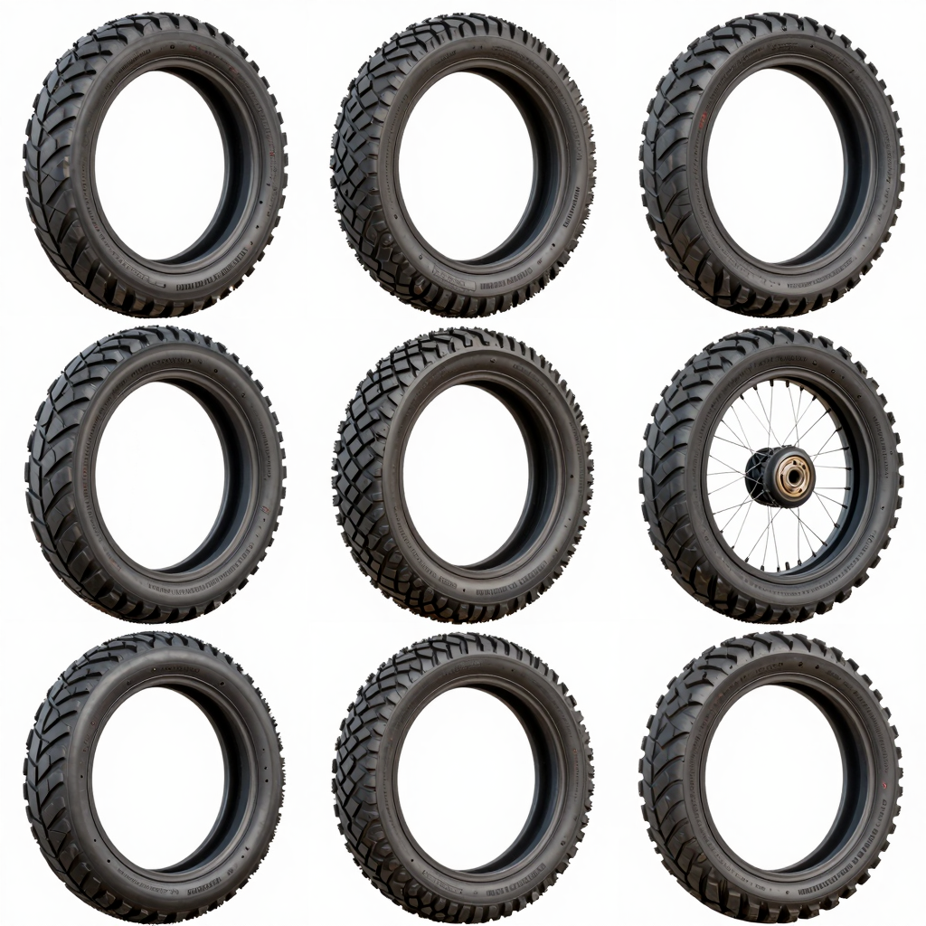 A collage of various 90 90 18 motorcycle tires showcasing their different designs, usage in on-road and off-road vehicles, and characteristics like tread patterns and specifications.