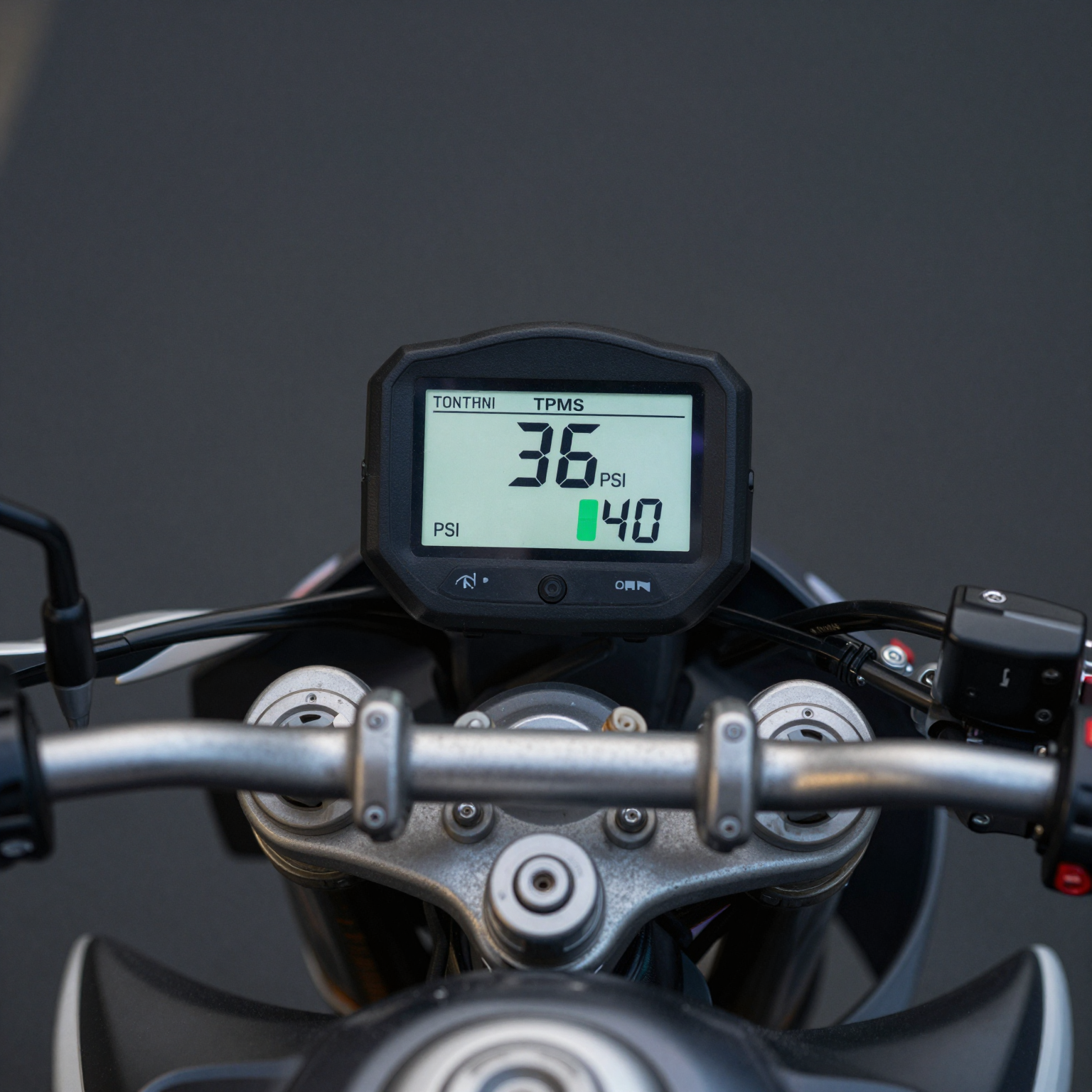 Motorcycle TPMS Dashboard - Handlebar-Mounted Display Showing Front 36 PSI and Rear 40 PSI with Green Indicators