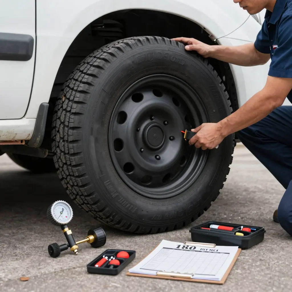 A business owner inspecting a tire maintenance kit, highlighting the 180 mo tire rear tire kit designed for commercial vehicles.