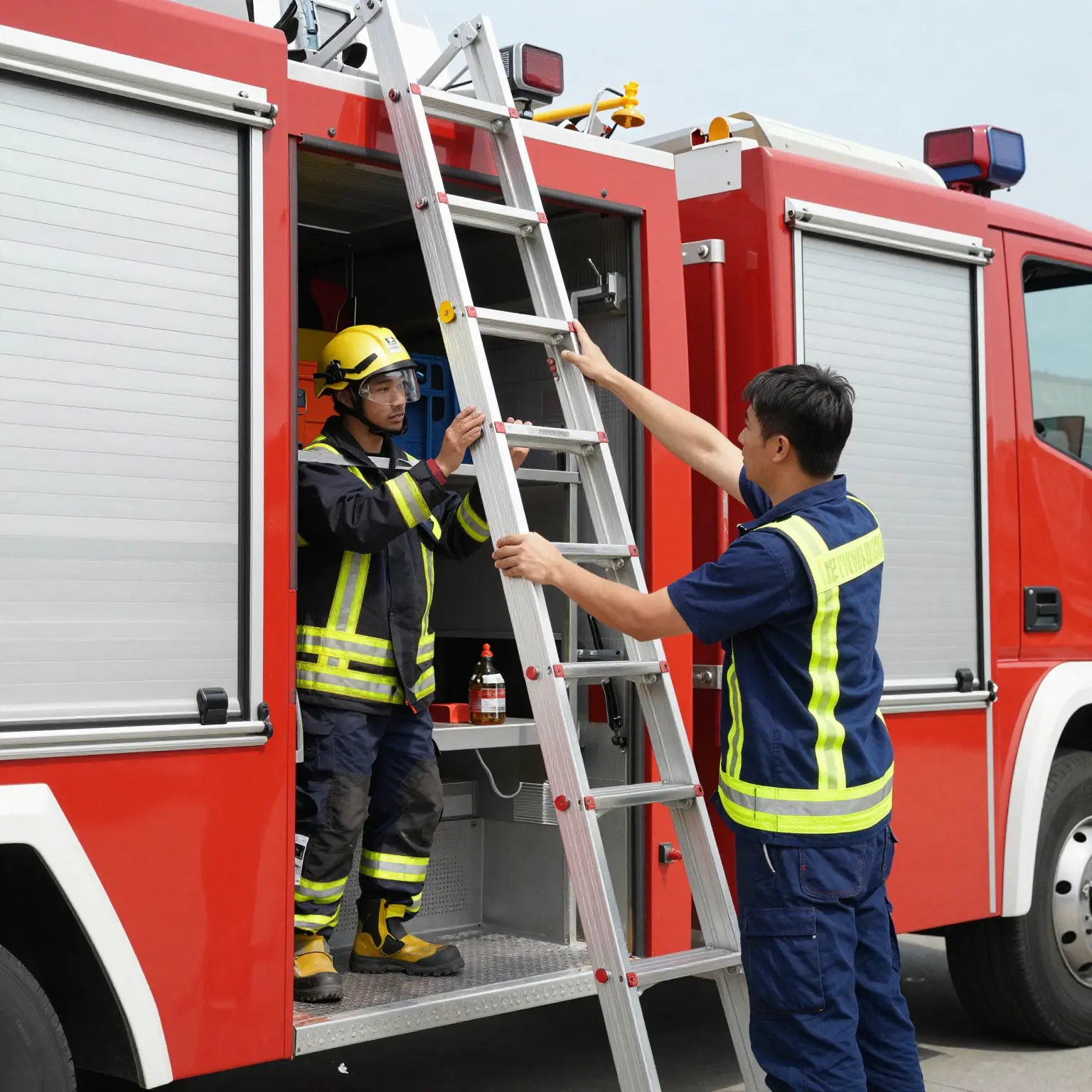 Maintenance Check on a Ladder Fire Truck