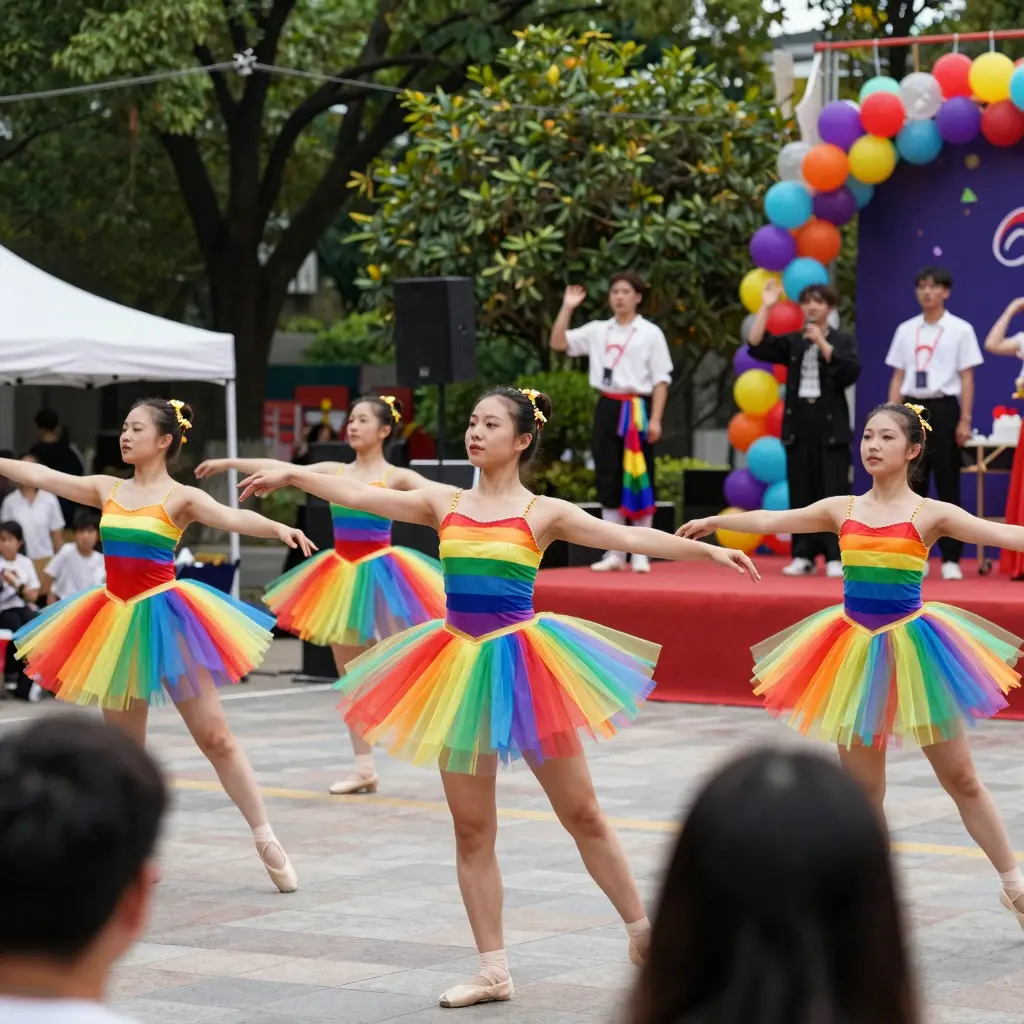 Adult dancers wearing rainbow tutus in different performances