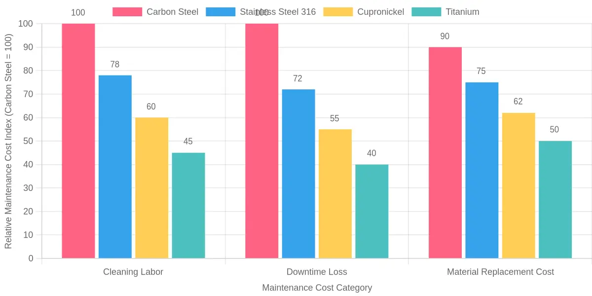 Grouped bar chart titled 'Relative Maintenance Cost by Tube Material Over a 10-Year Horizon,' comparing carbon steel, stainless steel 316, cupronickel, and titanium across cleaning labor, downtime loss, and material replacement cost.