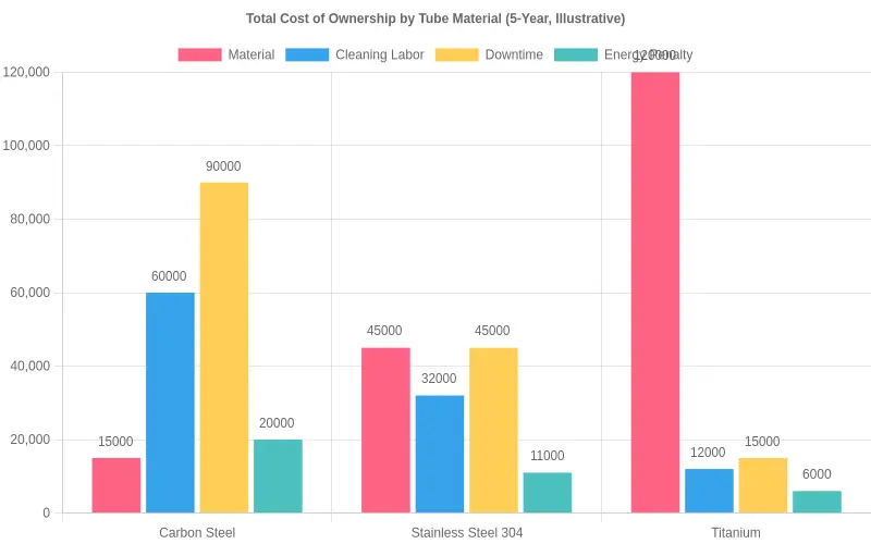 Stacked bar chart comparing 5-year total cost of ownership for carbon steel, stainless steel 304, and titanium tube materials across material, cleaning labor, downtime, and energy costs