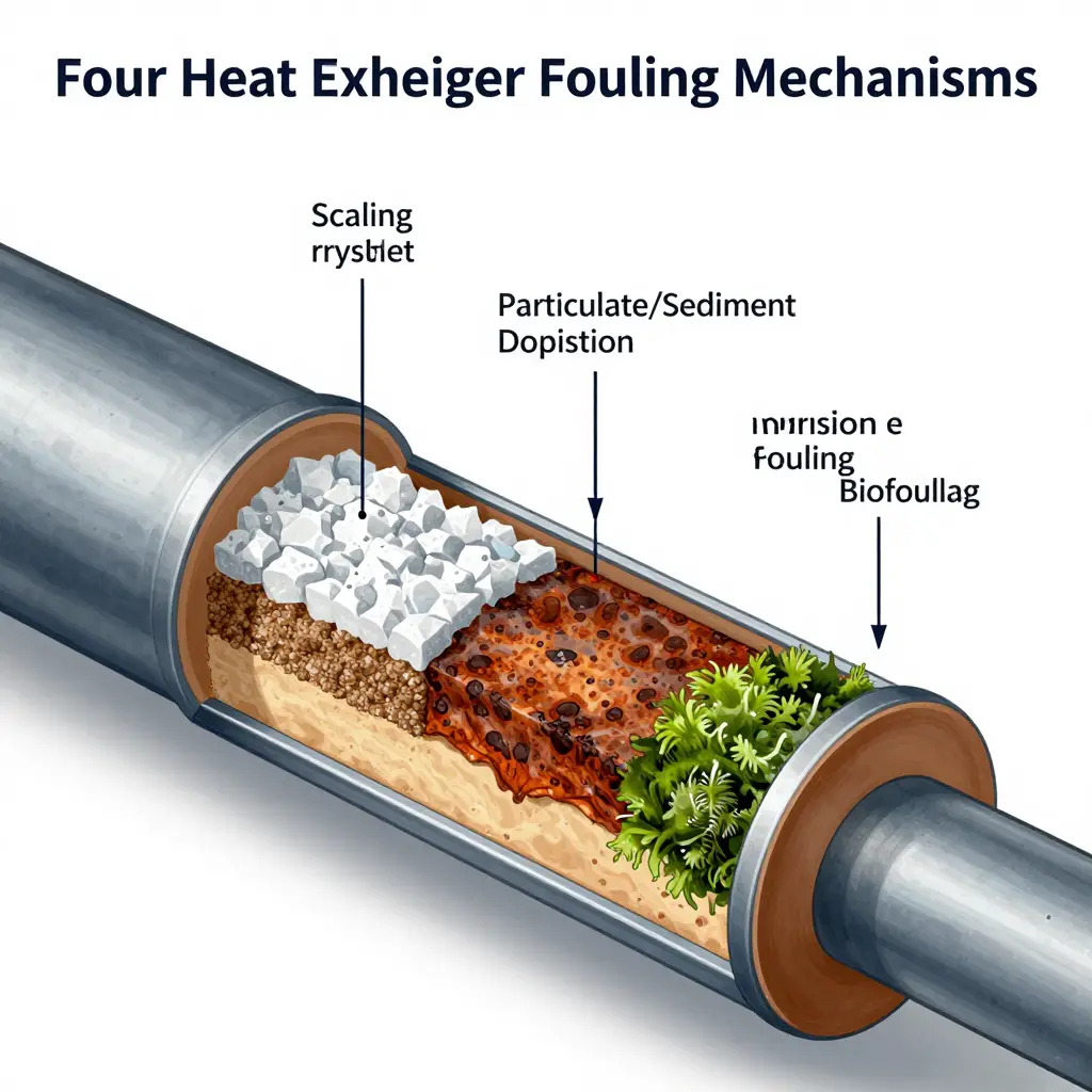 Diagram showing the four heat exchanger fouling mechanisms - scaling, particulate deposition, corrosion fouling, and biofouling - building up on a tube wall