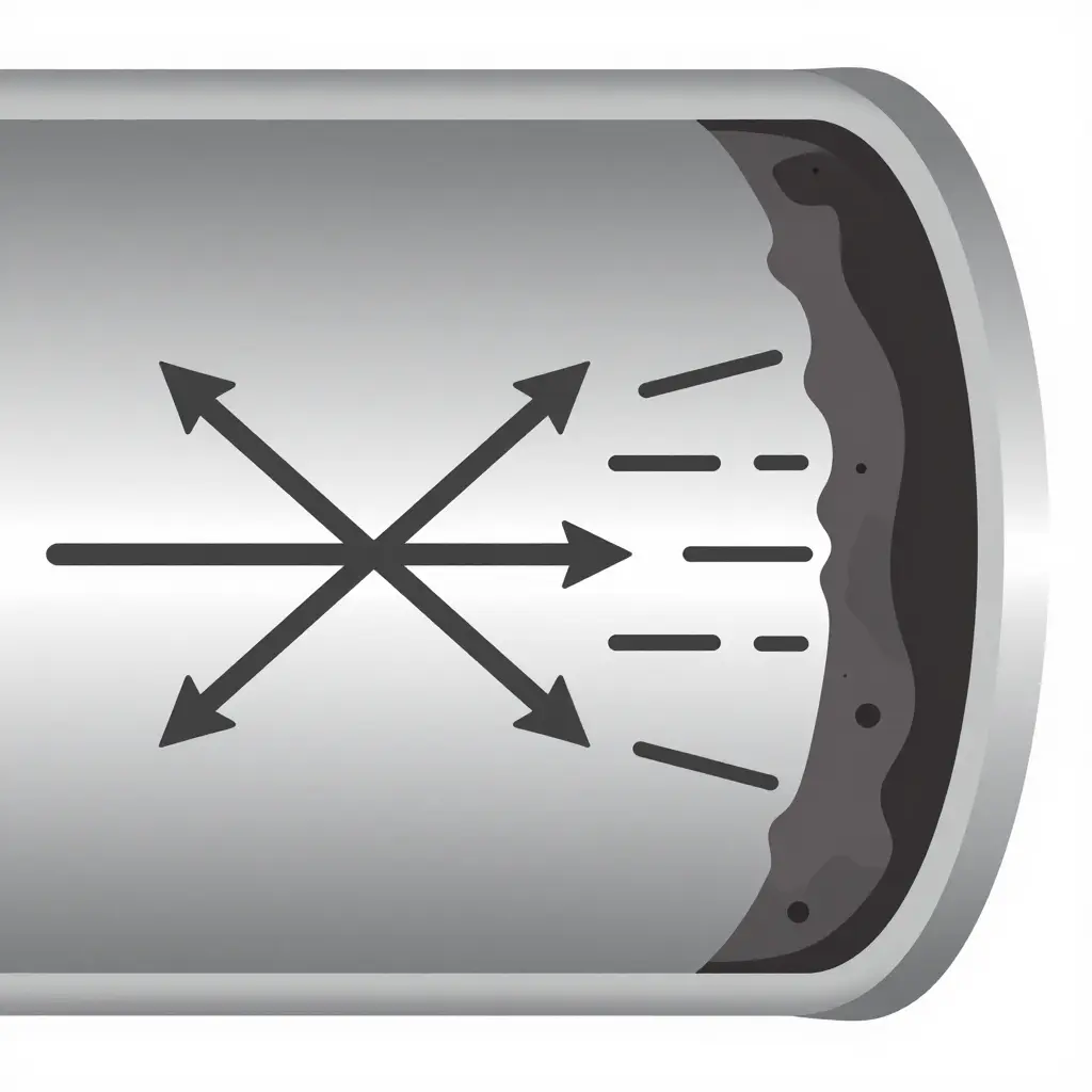 Cross-section schematic of a heat exchanger tube showing a clean inner wall on one side and a gradually thickening fouling deposit layer on the other, with heat-flow arrows passing through the wall that grow thinner as the deposit builds up.