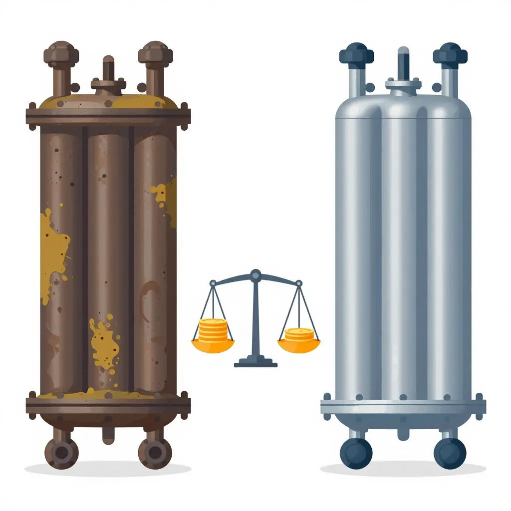Conceptual illustration of a fouled carbon steel tube bundle next to a clean titanium bundle, with a balance scale weighing upfront cost against maintenance savings