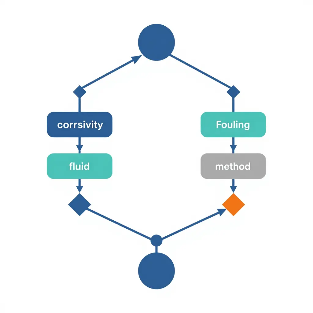 A minimalist two-dimensional flowchart showing how a start node branches by fluid corrosivity and fouling tendency into a material-choice path and a cleaning-method path, which then merge into a final selection node.