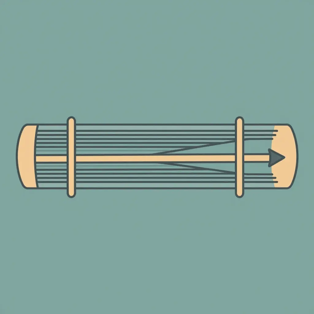 Flat 2D line-art schematic showing a tube bundle inside a cylindrical shell supported by vertical baffles, an incoming crossflow arrow, and a single tube bowing between two baffle supports to indicate vibration amplitude.