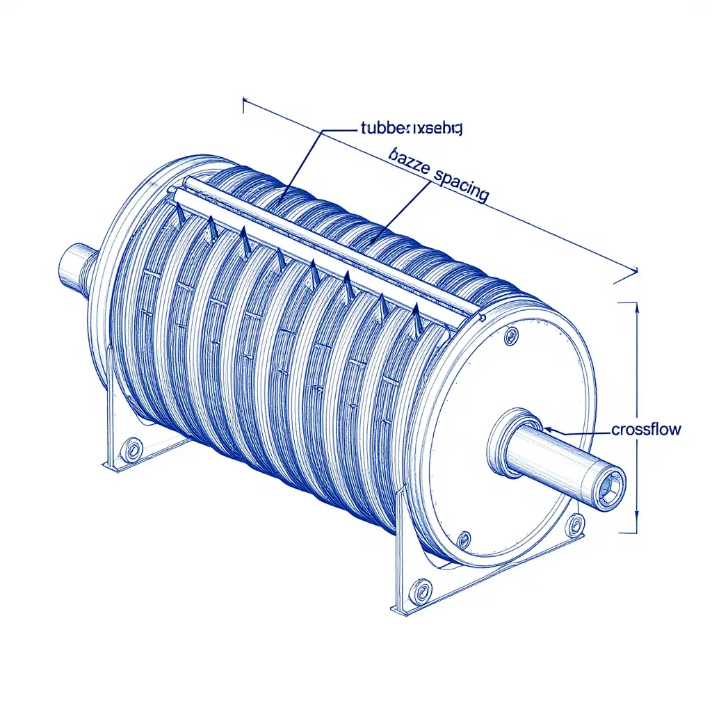 Schematic of a shell-and-tube heat exchanger showing baffle spacing, the unsupported span between baffles, and shell-side crossflow across the tube bundle