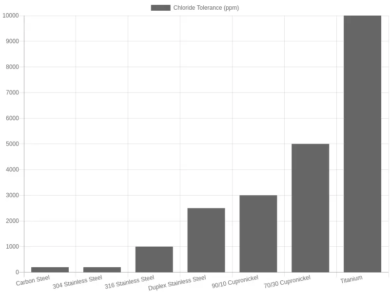Bar chart showing chloride tolerance in ppm for carbon steel, stainless steels, cupronickels, and titanium