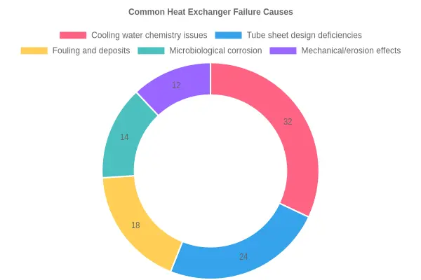 Doughnut chart showing common heat exchanger failure causes: cooling water chemistry issues 32%, tube sheet design deficiencies 24%, fouling and deposits 18%, microbiological corrosion 14%, and mechanical/erosion effects 12%