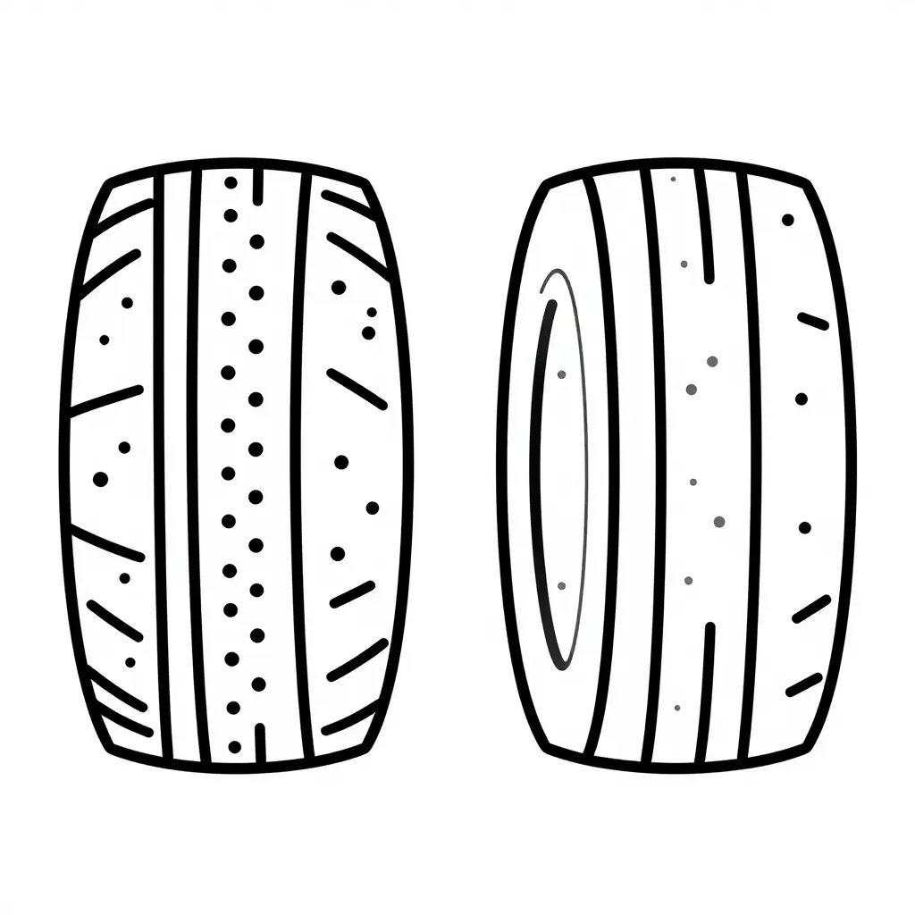 Schematic comparing a cold tire air-volume symbol with densely packed dots against a hot tire air-volume symbol with sparser, lighter dots, illustrating how pressure changes with heat without any labels or numbers