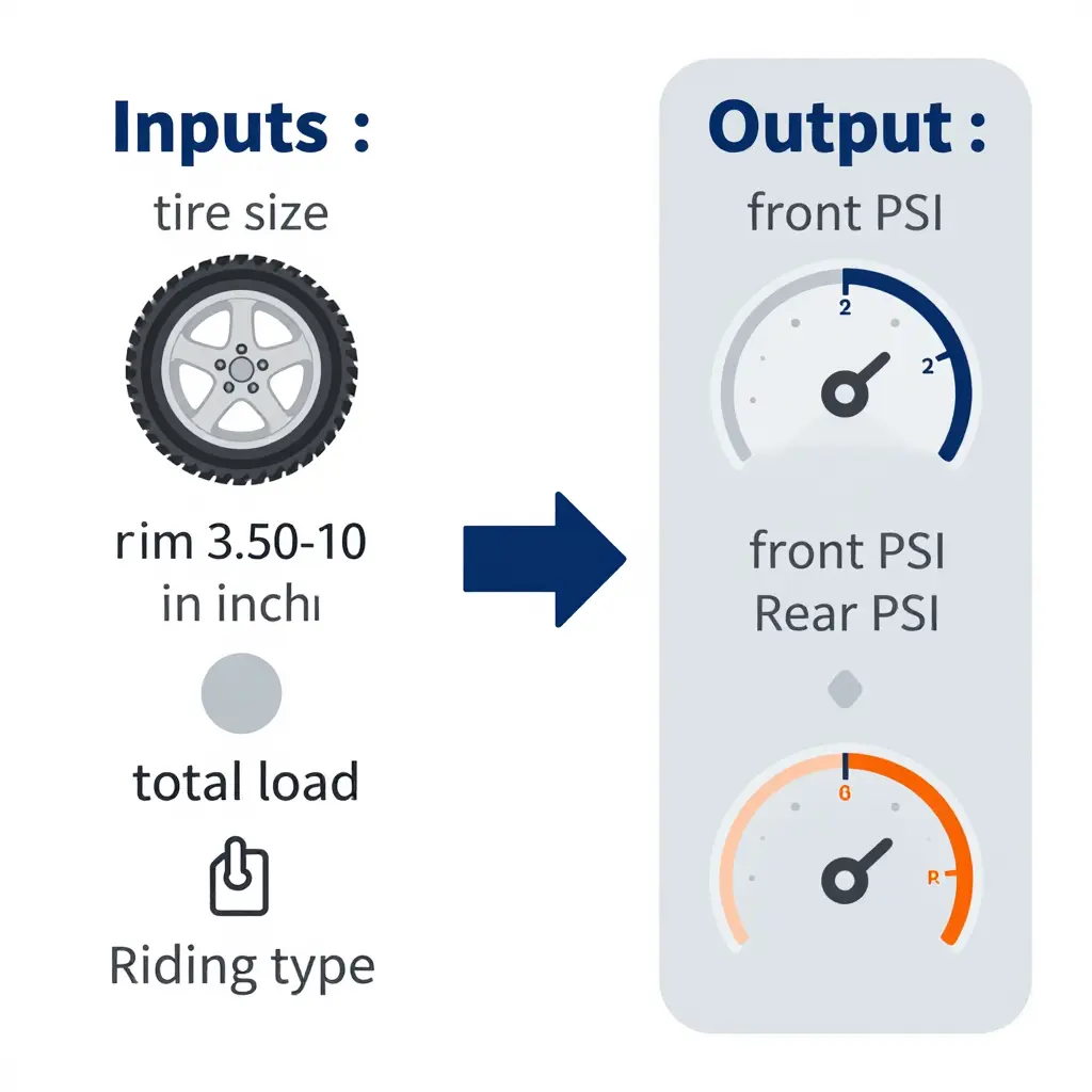 Diagram of a tire pressure calculator showing inputs like tire size, rim width, and load feeding into front and rear PSI outputs