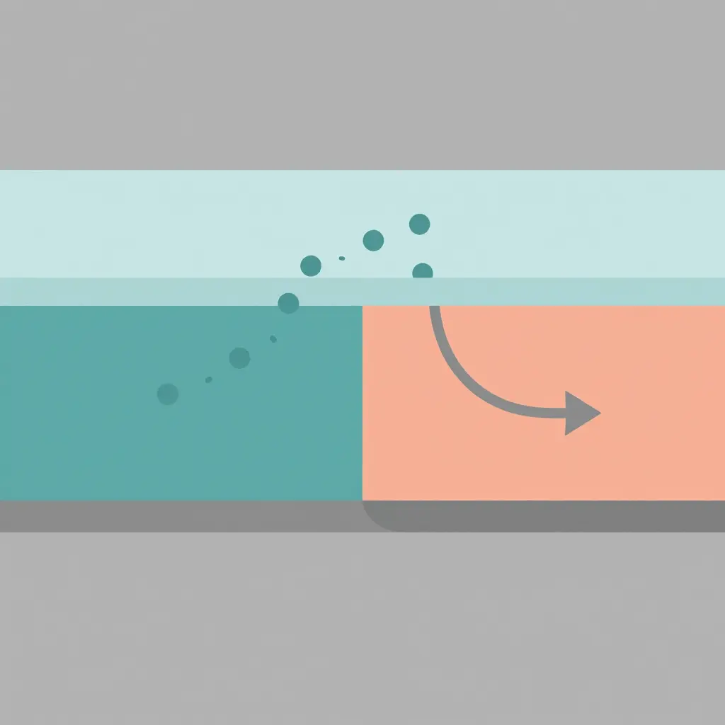 Minimalist 2D diagram of a corrosion cell on a metal surface, showing an anode zone on the left, a cathode zone on the right, a pale blue ion-conducting electrolyte layer above the metal, and a curved electron path flowing through the metal from cathode back to anode