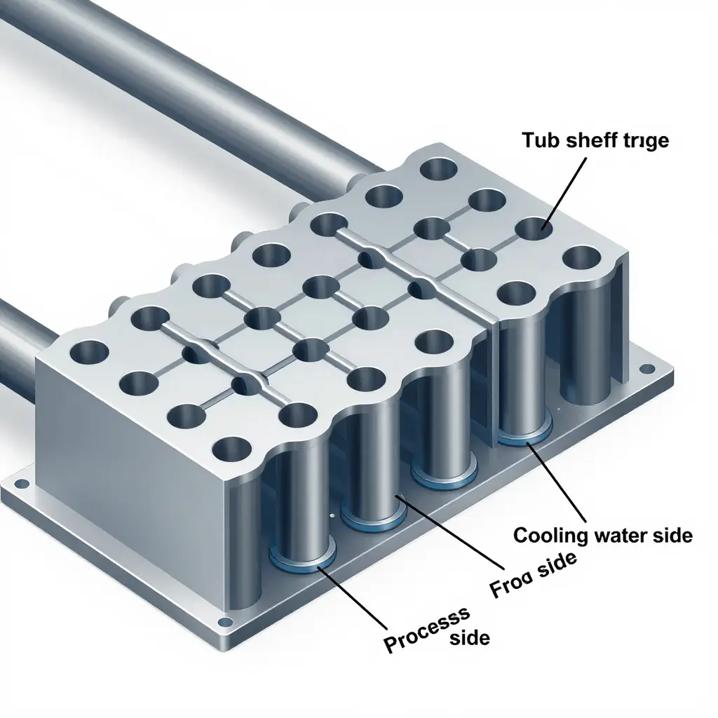 Cross-section of a heat exchanger tube sheet showing tube holes, ligaments between holes, and tube-to-tubesheet joints