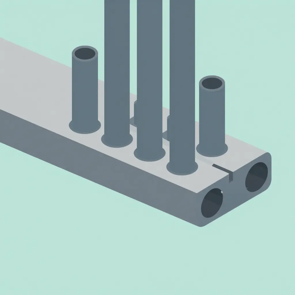 Minimalist two-dimensional schematic showing the cross-section of a heat exchanger tube sheet, with vertical tubes passing through a thick horizontal plate to illustrate the tube-to-tubesheet joint, the solid ligament metal between adjacent tube holes, and the crevice gap region between the tube wall and the plate hole.