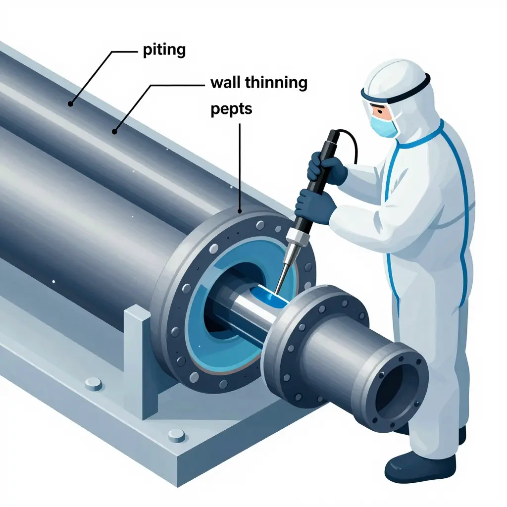 Inspector performing eddy current testing on a heat exchanger tube sheet, with callouts for pitting, wall thinning, and deposits