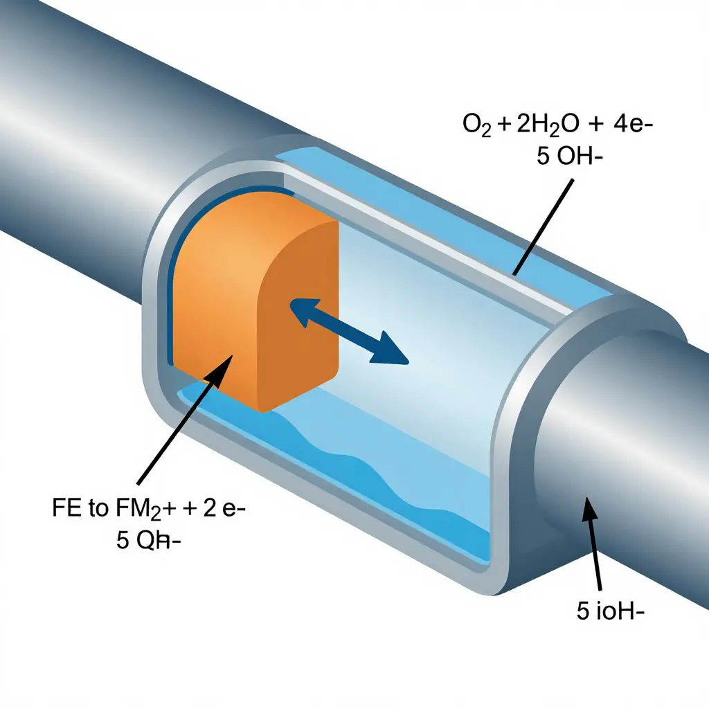 Schematic of an electrochemical corrosion cell on a heat exchanger tube wall, showing anodic metal dissolution, cathodic oxygen reduction, electron flow through the metal, and ion flow through the cooling water electrolyte.