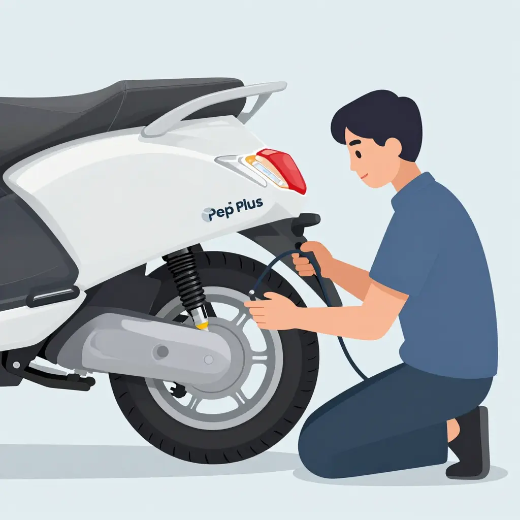 Rider checking tubeless tyre pressure on the rear wheel of a Scooty Pep Plus with a pillion seat